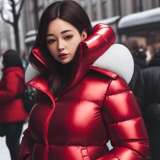 AI generated: a woman in a puffy red shiny down-filled coat