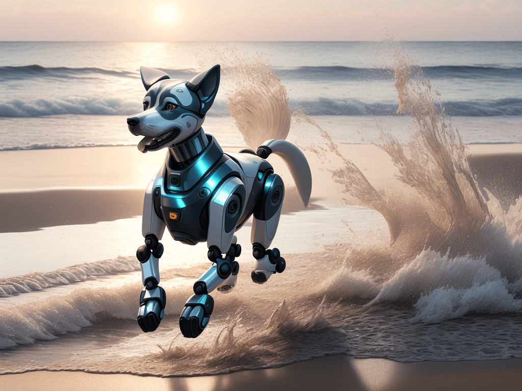 AI generated: Photo of a ultra realistic robot dog running on the beach, splashing water and sand, happy scene, ev...