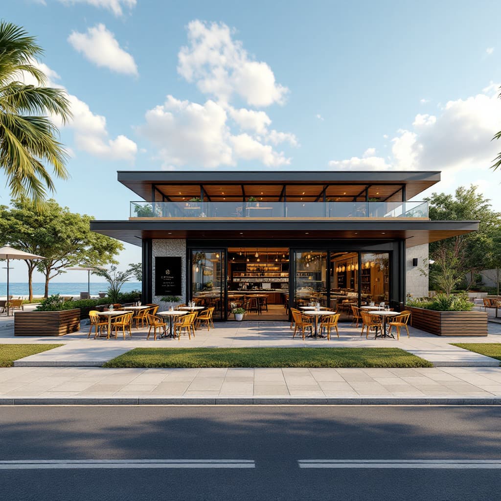 AI generated: Exterior angle modern Cafe comes restaurant in Cery, Beach view in background, dramatic lighting, su...