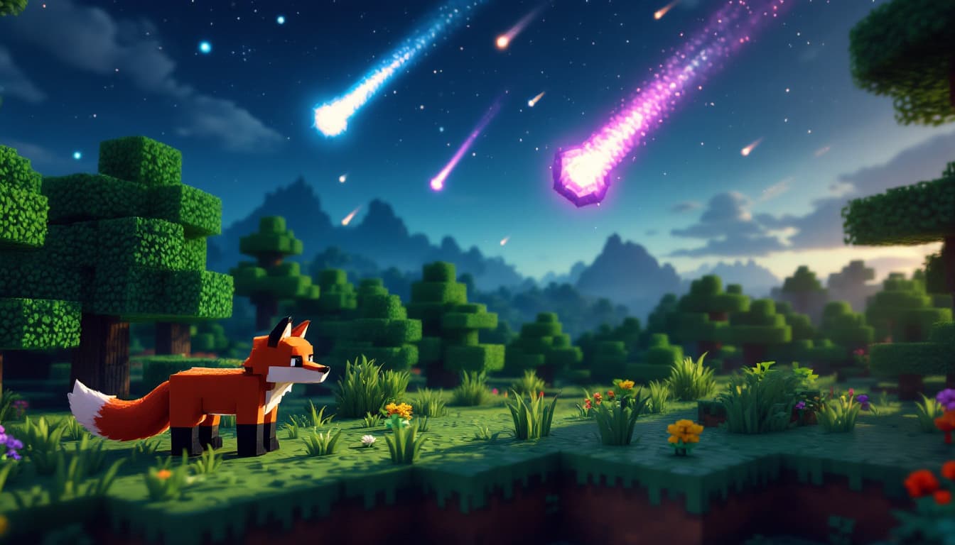 AI generated: a minecraft world with all minecraft animals, fox and panda, minecraft trees, nightsky in the backgr...