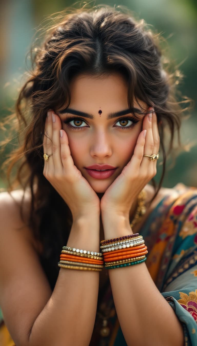 AI generated: Jennifer Connelly ,18-21 years old, brown hair, Indian hair style,trying to shy, inhaled chest,wide ...