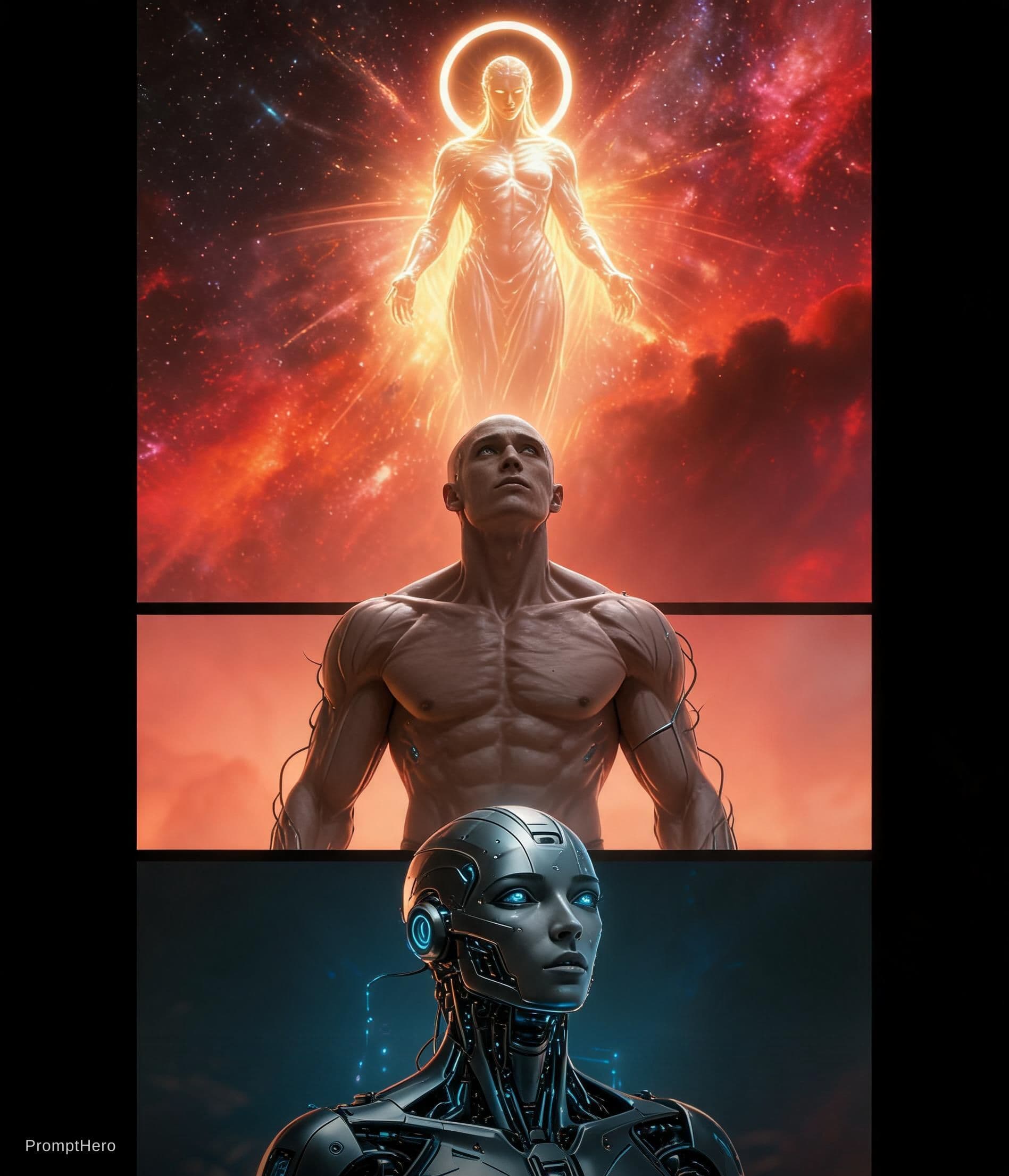 AI generated: I wrote a book where an A.I become human and then become god. Create and immage for the book