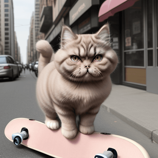 AI generated: a fat light brown persian cat goes down the street of a big city on a pink skateboard, he looks like...