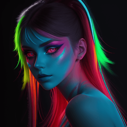 AI generated: this girl is wearing neon colored makeup, in the style of cinematic lighting, light crimson and azur...