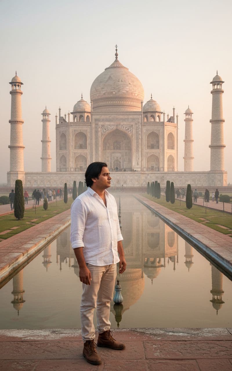 AI generated:  wide-angle shot of the Taj Mahal at sunrise, a man front of taj mahal, some people sceen around taj...