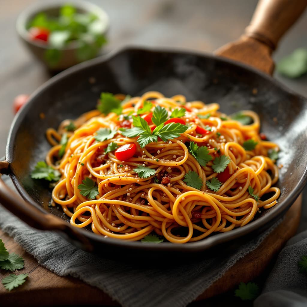 AI generated: yummy pad thai, food photograph, food styling, long shot, lens 85 mm, f 11, studio photograph, ultra...
