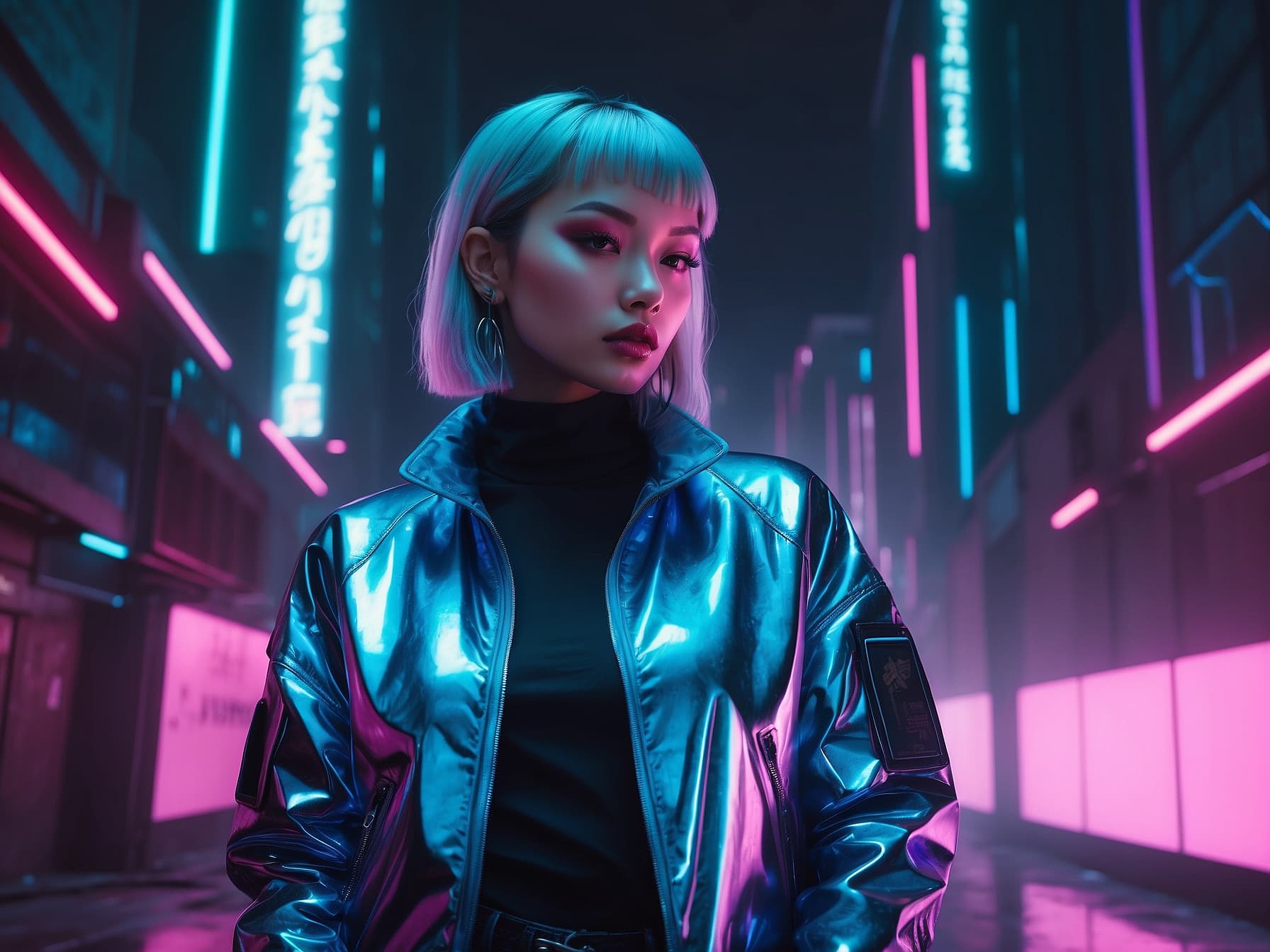 AI generated: a woman in a futuristic city with neon lights, cyberpunk art by Lü Ji, cgsociety, retrofuturism, syn...