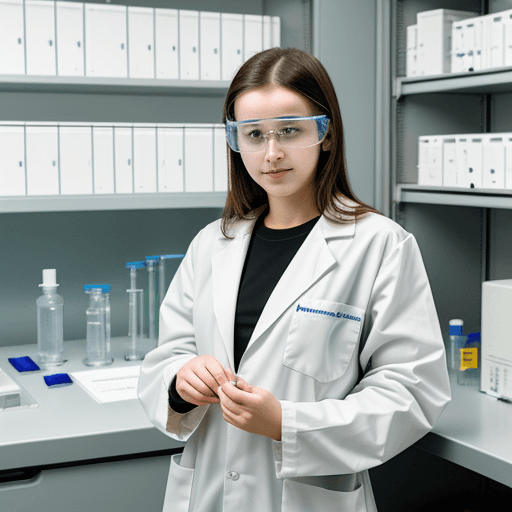AI generated: 24 year old girl, analytical chemist, standing in lab, safety glasses, lab coat, fume cupboard in ba...