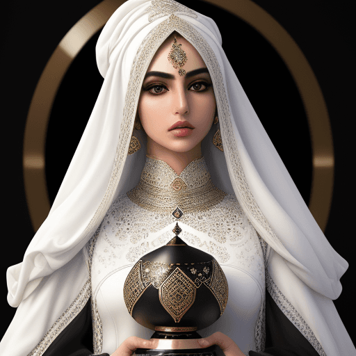 AI generated: a centered Persia fashion model, white, black, intricate background, award-winning photo, hyper-real...