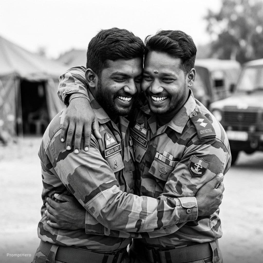 AI generated: army soldier brothers who are friendly in each other's arms, black and white
