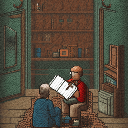 AI generated: reading book with man,pixel art