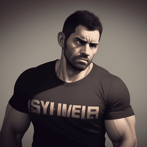 AI generated: 2 men, frown, sport, gym, t-shirt, realistic face, 30 years old, wild, strong build, (brown) short h...