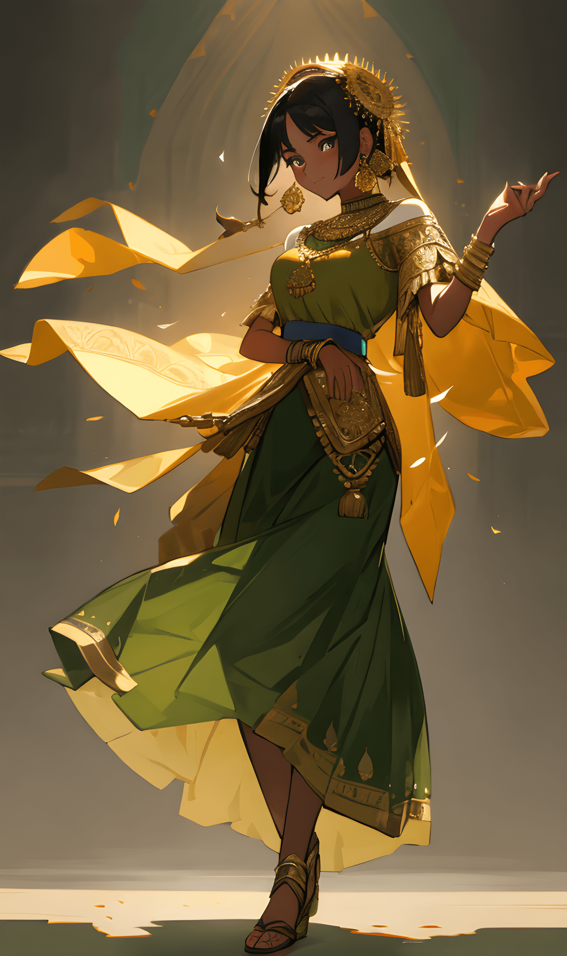 AI generated: (masterpiece, best quality, realistic),
1girl, background, indian dress, dancing, intricate, dark g...