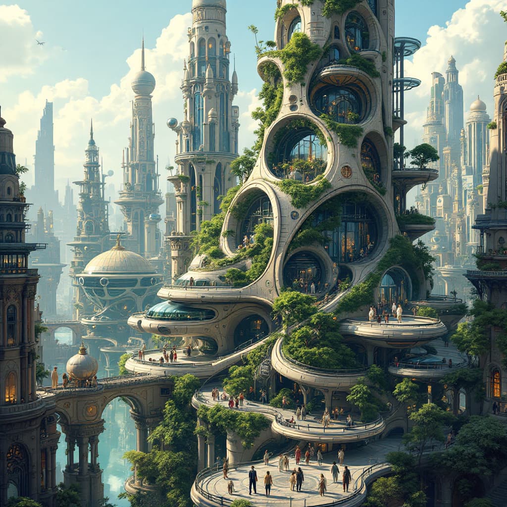 AI generated: An  overview of a futuristic megacity in which buildings  combine elements of art nouveau architectu...