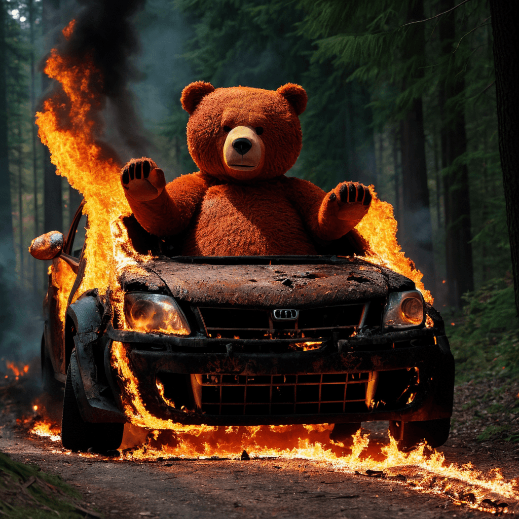 AI generated: surrounded by woods and trees a burning car in flames and fume, a huge bear driving a burning car , ...