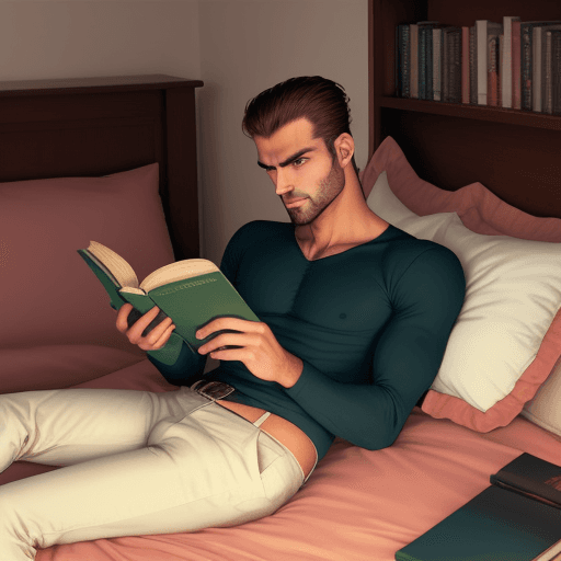 AI generated: gigachad on bed and reading book