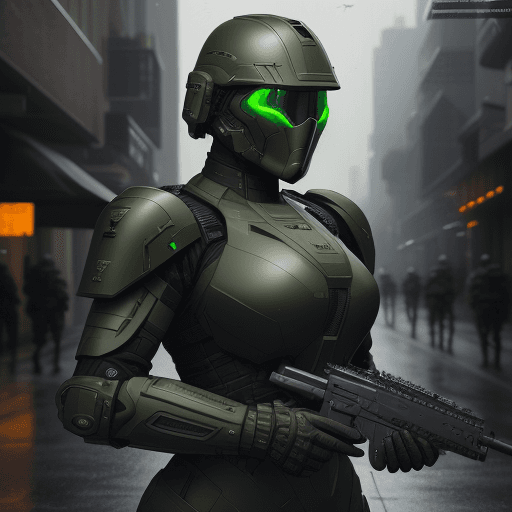 AI generated: Futuristic soldier with advanced armor, weaponry, and helmet, dark army green, street, overcast, ref...