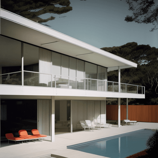 AI generated: Hyper realistic eye level exterior photo of a mid century modern style house overlooking the ocean, ...