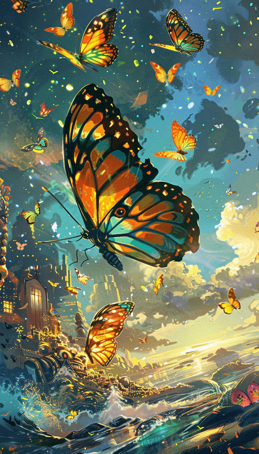 AI generated: some colored butterflies are flying in the air next to an ocean and an artificial landscape, in the ...