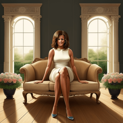 AI generated: Beutiful Michelle Obama caricature look a like character sitting on a couch in the middle of the roo...