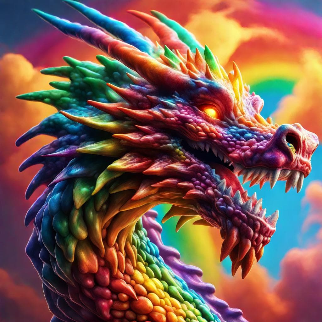 AI generated: A scintillating rainbow dragon, made of skittles, breathing fire, sunlight, a flaming portrait of co...