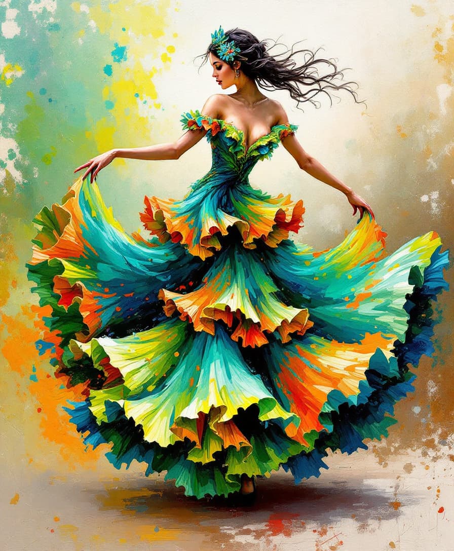 AI generated: An impasto oil painting of a woman gracefully dancing in a flamenco-style dress inspired by a chamel...