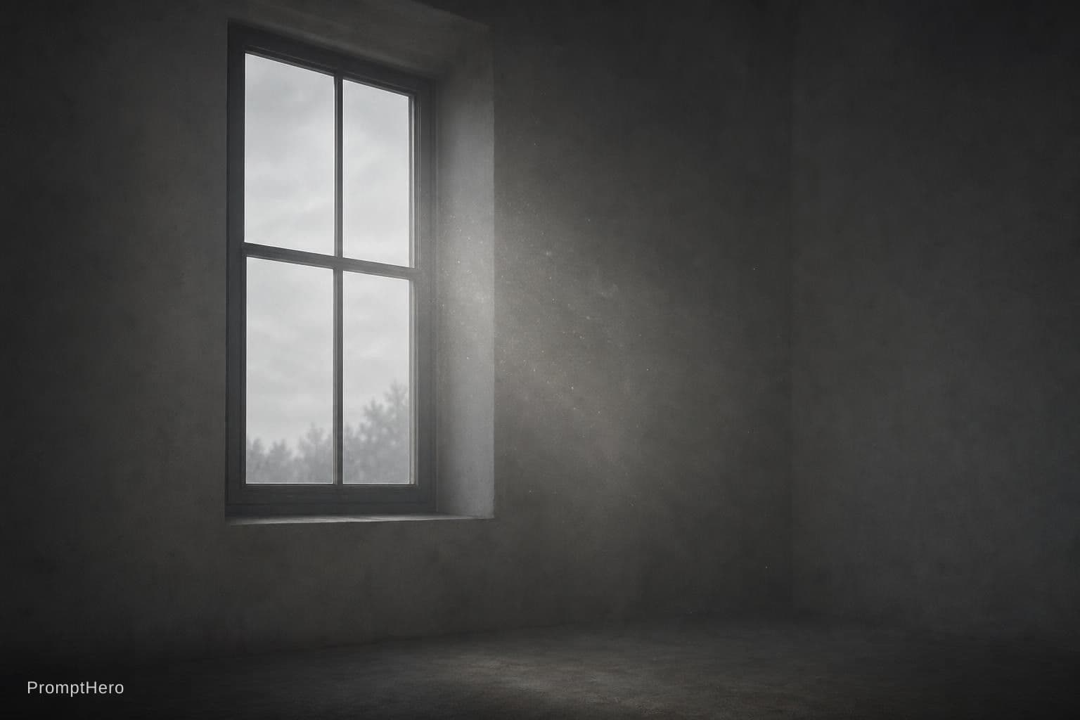AI generated: A quiet room at dawn, no people, no furniture. Just a window – not open, not closed. The light outsi...