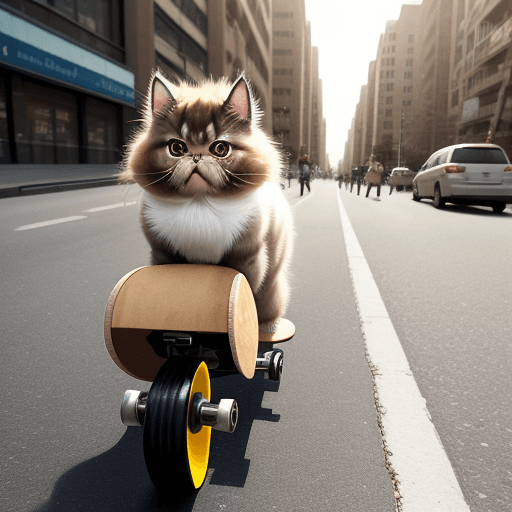 AI generated: a fat light brown persian cat rides down the street of a big city on a skateboard