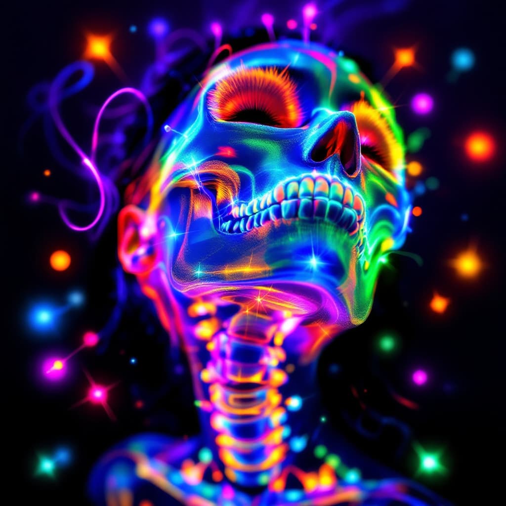 AI generated: calavera traslucida de mujer con electros de colorres vivos