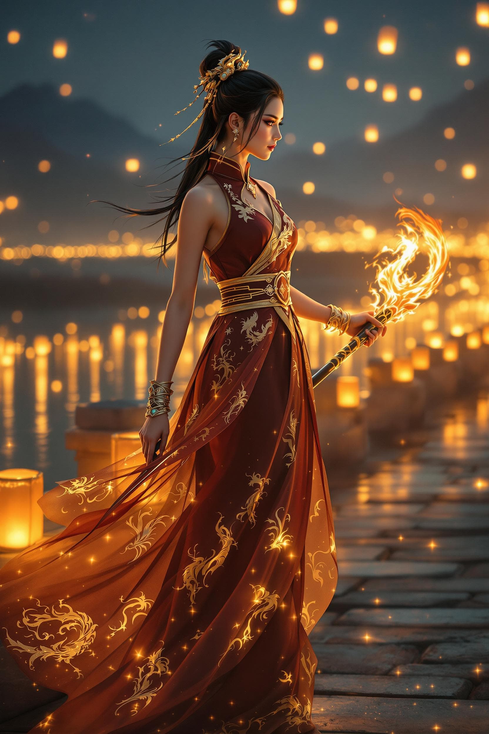 AI generated: Ultra-photorealistic cinematic film still, full body view of Alicia Vikander as Lan Yan, a reimagine...