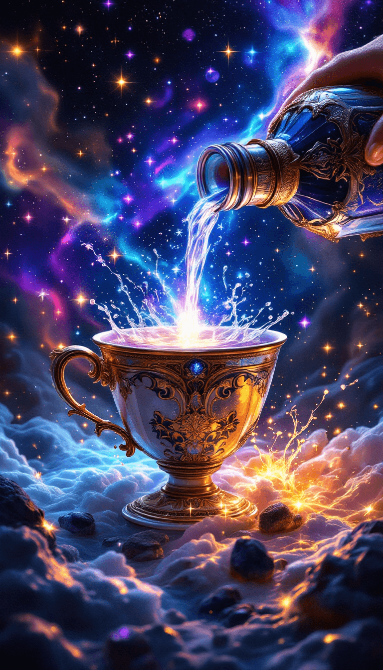 AI generated: A celestial scene of the universe being poured into a luxurious potion bottle cup, surrounded by vib...