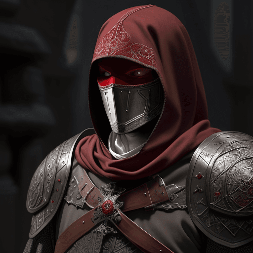 AI generated: closeup of man cleric from the Middle Ages in scale armor, with face covered by shade of dark-red ho...