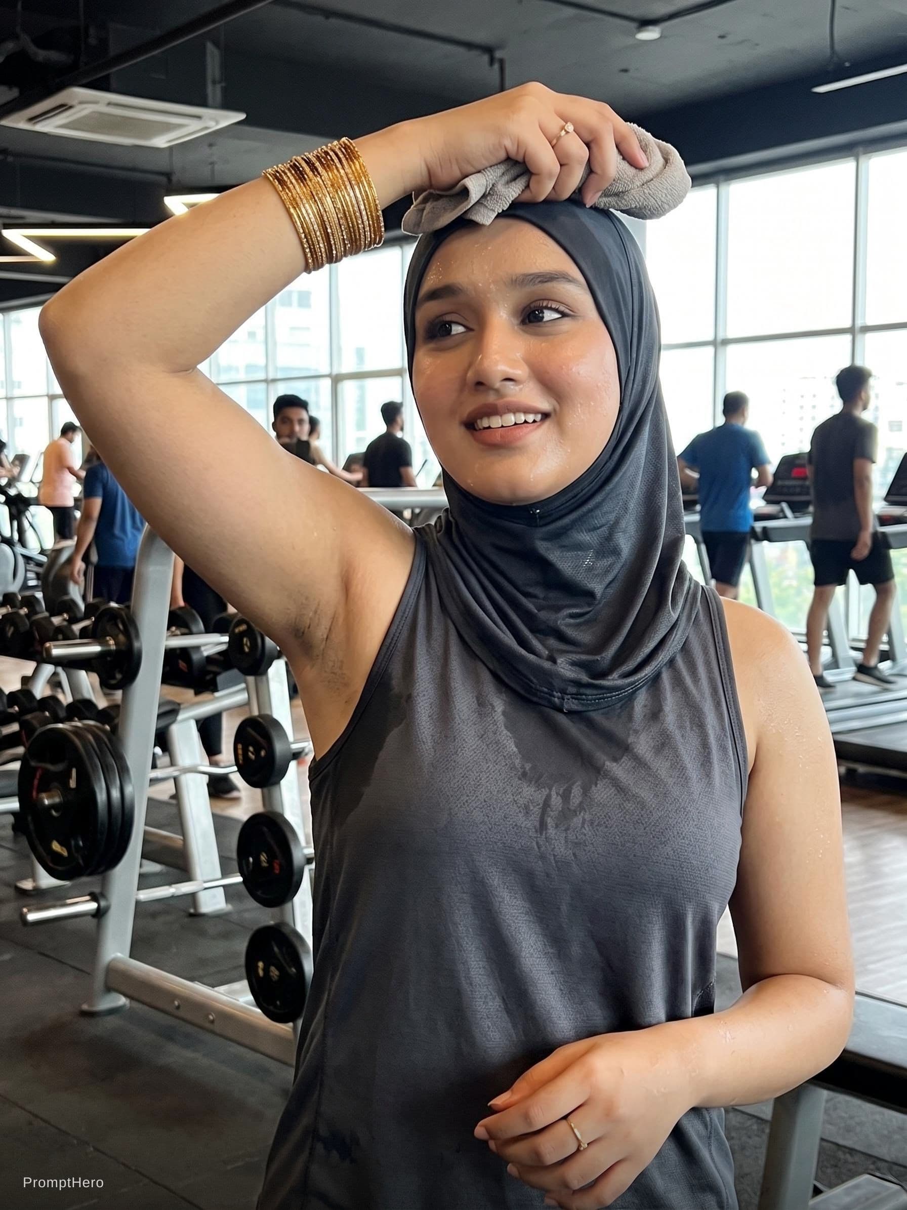 AI generated: beauty  girl she show here sweaty armpit at gym sleeveless tanktop