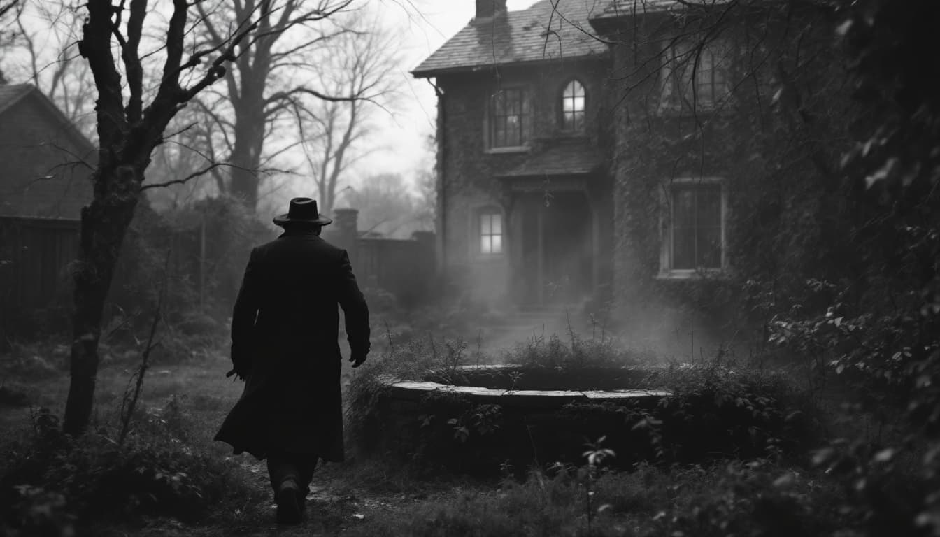 AI generated:  high definition black n white - camera shot from behind- a man wearing black coat and hat roaming i...