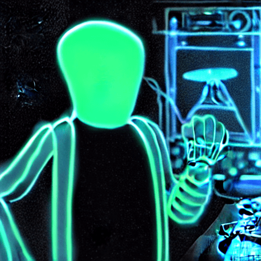 AI generated:  conceptual 3D render bioluminescence man with artificial intelligence playing at the DJ console sup...