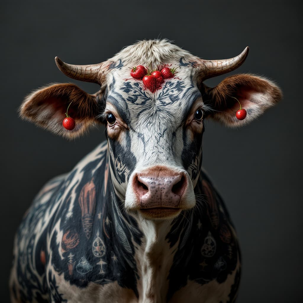 AI generated: photography close up, studio portrait of a shaved cow, tattooed veggies , highly detailed, crisp ima...