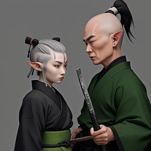 AI generated: samurai with elf ears gray skin hair shaved on the sides and thrown to the side old woman holding a ...