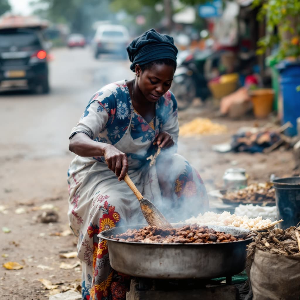 AI generated: A Nigerian woman cooking street food by the roadside