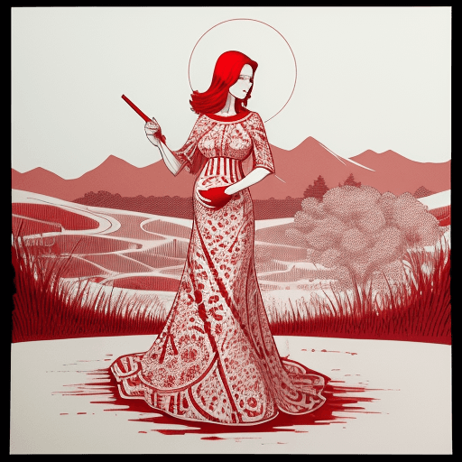 AI generated: Pen and ink, illustrated,stencil,modern, background landscape. pregment woman red and white stick in...