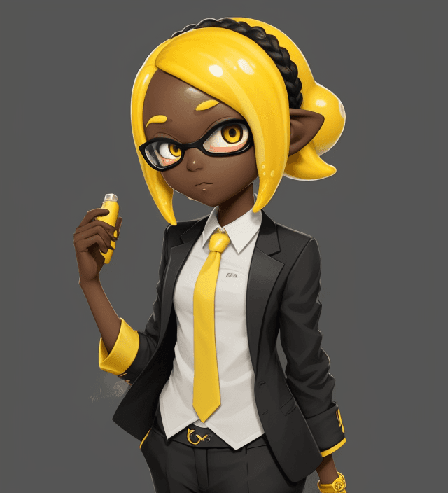 AI generated: splatoon, inkling girl, dark skin, yellow hair, short hair, formal clothes, female, short braid