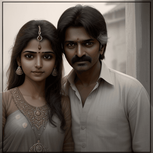AI generated: Actors of Indian cinema pose in front of the camera, showing intricate details in light gray and lig...