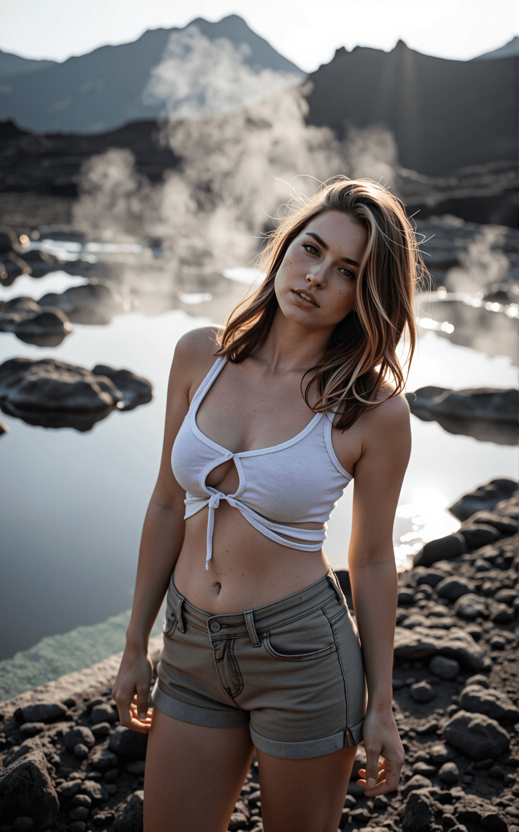 AI generated: A candid documentary photograph of a young female with ash-brown hair tousled by the wind, long laye...