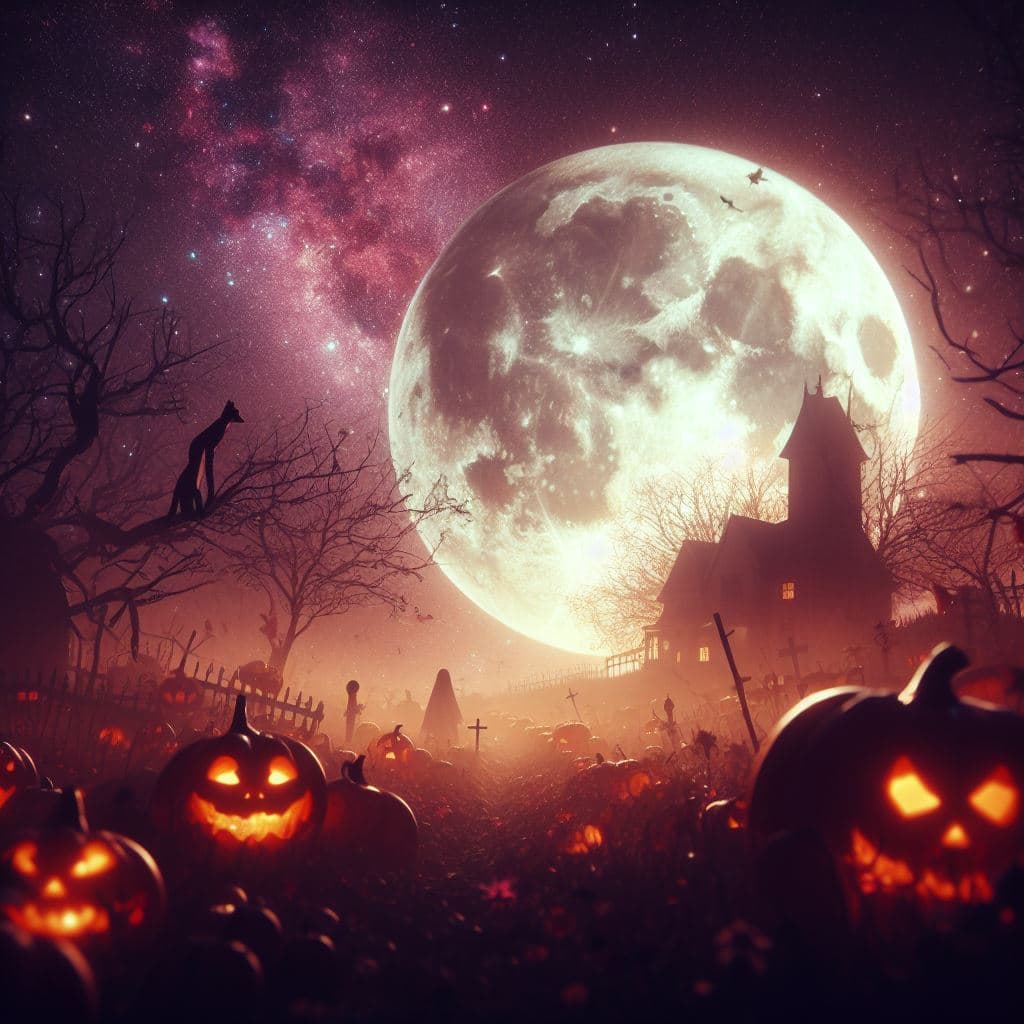 AI generated: halloween, full moon, beautiful detailed intricate, trending on artstation, 8 k artistic photography...