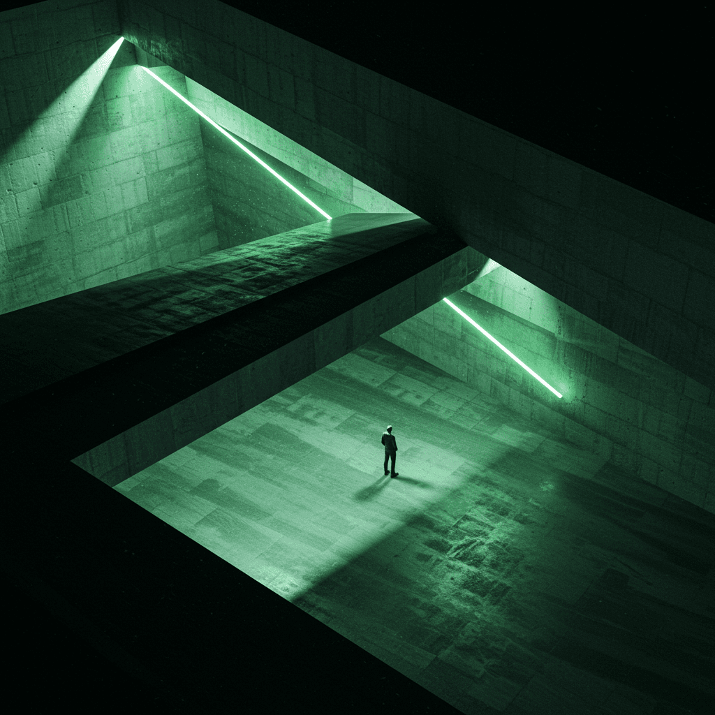 AI generated: minimal aerial illustration a lone figure stands in a modern geometric structure, sliced by sharp be...