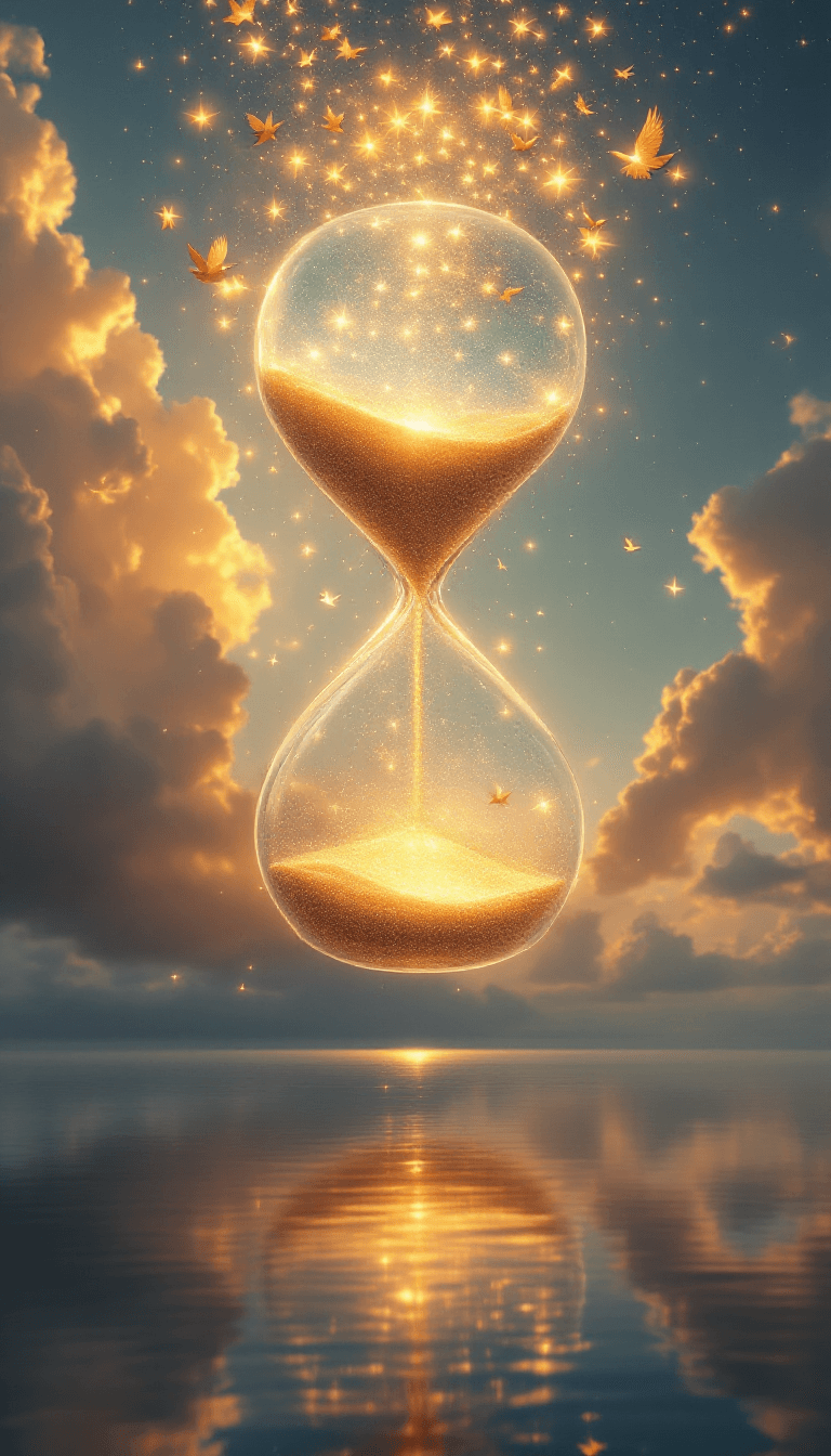 AI generated: [A **surreal, ultra-detailed nighttime scene** featuring a **celestial hourglass suspended in the st...
