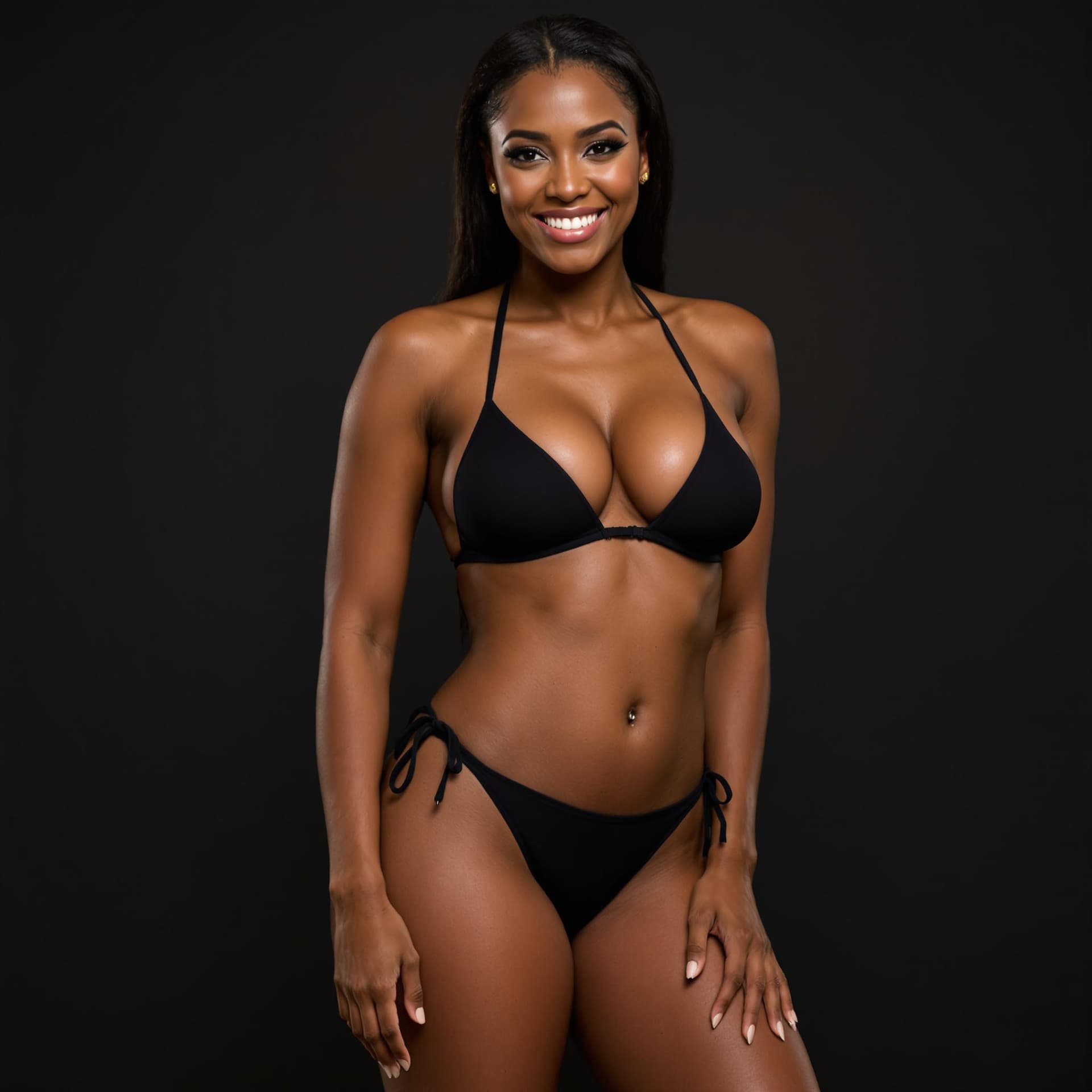 AI generated: a professional photograph of a black woman standing, smiling, and giving a pose into the camera. She...