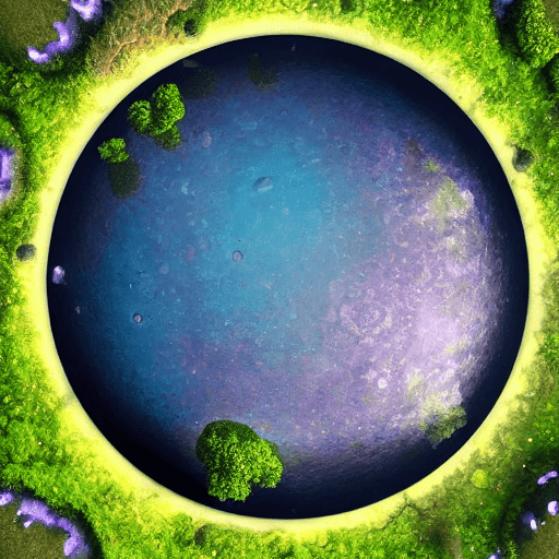 AI generated: a shimmering ring with a tiny, lush world nestled within its center, full wide view, highly detailed...
