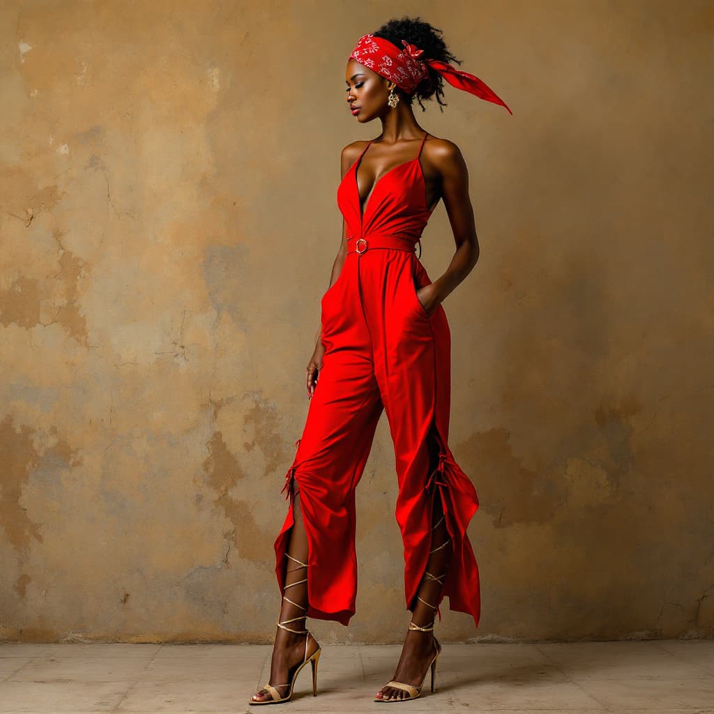AI generated: a beautiful exotic african american female wearing a red jumpsuit, gladiator heels and a red bandana...