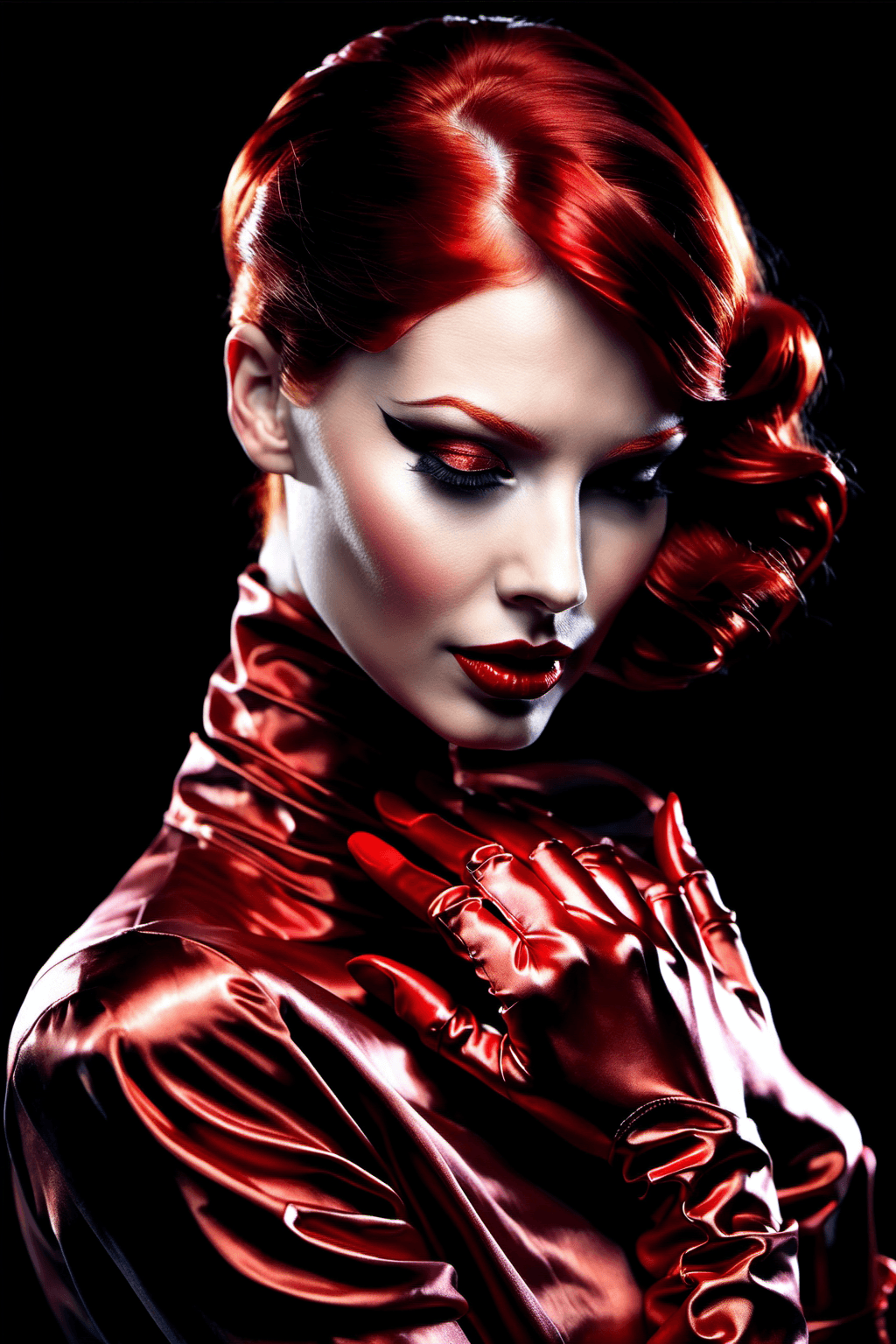AI generated: woman ,in a luxuriously sureal Dimension, she is complete Ginger-haired ,red satin gloves