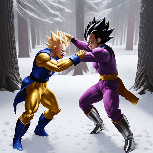 AI generated: fight scene between dragon ball z characters "vegeta" and "freezer" above a snowed forest